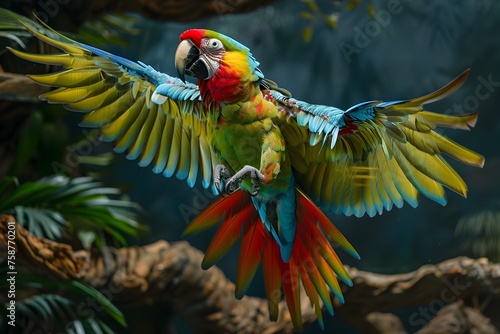 Vibrant Macaw Soaring Through Exotic Rainforest: A Display of Nature's Intelligent and Social Beauty