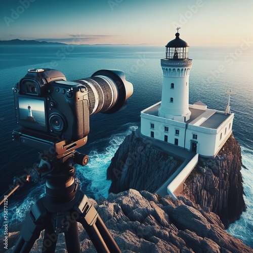  A camera set on a tripod focuses on a tranquil lighthouse by the sea at dusk