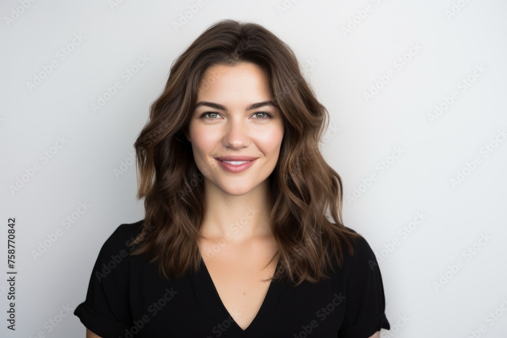 Portrait of a beautiful young woman with long brown hair smiling. Portrait of a beautiful young woman with long brown hair smiling.