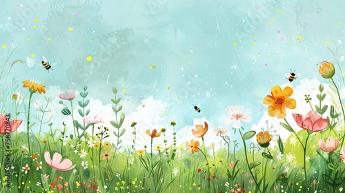 Bright and joyful watercolor illustration of a sunny meadow filled with colorful wildflowers and busy bees.
