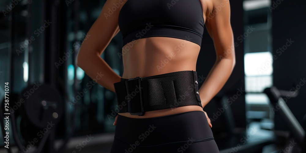 side view of woman waist closeup in black sports clothing with strong belly muscles, six pack, on dark gym background сreated with Generative Ai - obrazy, fototapety, plakaty 