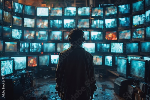 Confronting media saturation: man overwhelmed by the tyranny of screens photo