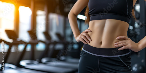 side view of woman waist closeup in black sports clothing with strong belly muscles, six pack, on dark gym background сreated with Generative Ai photo