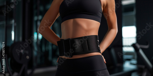 side view of woman waist closeup in black sports clothing with strong belly muscles, six pack, on dark gym background сreated with Generative Ai