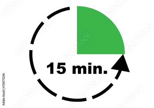 Icono de 15 minutos como tiempo de cortesía en verde y negro
