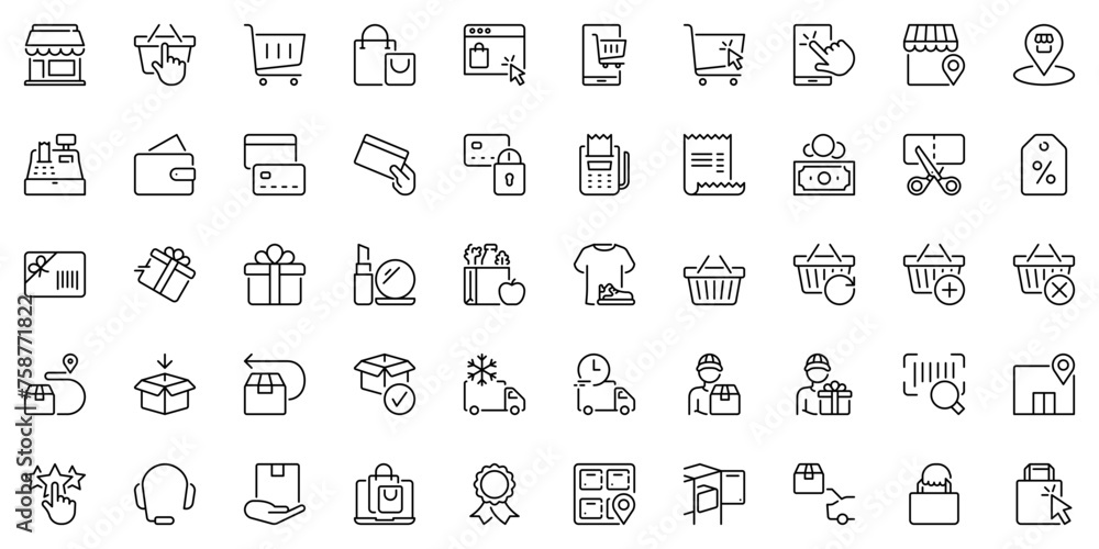 Line icons about shopping and shipping as buy, store, payment method and delivery. Editable stroke and pixel perfect. Line icons about shopping and shipping as buy, store, payment method and delivery. Editable stroke and pixel perfect.