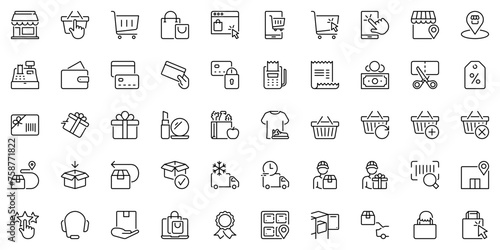 Line icons about shopping and shipping as buy, store, payment method and delivery. Editable stroke and pixel perfect.