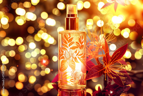 Luxurious cosmetic - a perfume bottle mockup on a sparkly background. Branding, packaging template