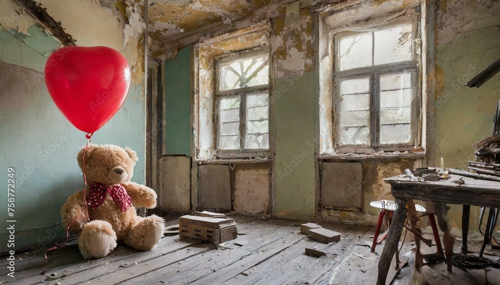 Run-down apartment with teddy bear with red balloon