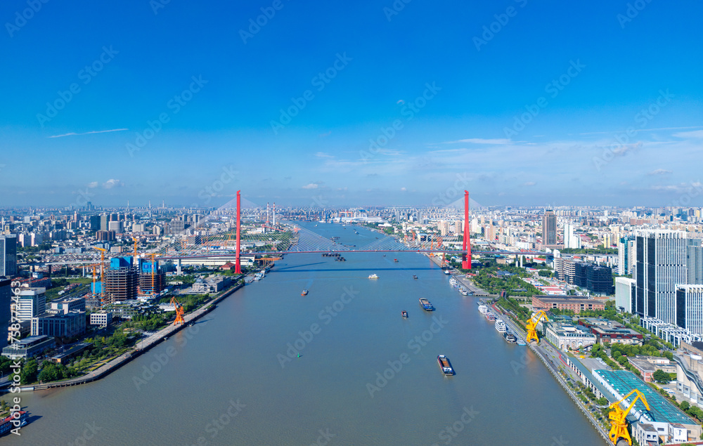 Obraz premium Urban Environment of Yangpu Bridge in Shanghai, China