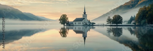 A serene lakeside church reflected in the calm waters at dawn, with fog gently rolling in