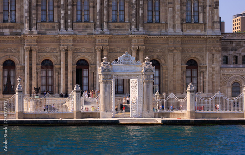 Photography View from the water of the Bosphorus Strait to ancient palaces and buildings