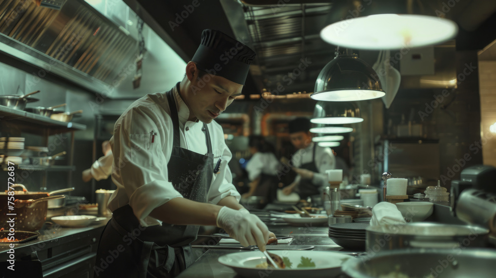A chef attentively garnishes a plate in a dimly lit professional kitchen, surrounded by kitchenware A chef attentively garnishes a plate in a dimly lit professional kitchen, surrounded by kitchenware