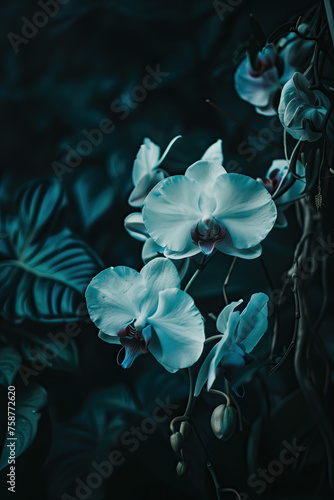 Foto tono sepia azulado orquídea color blanco, fondo vegetación verde oscuro, grisáceo, elegante, jardín, exótico patrones, textiles, papelería, espacio copy, vertical, de frente photo
