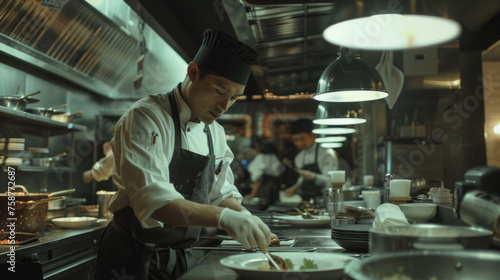 A chef attentively garnishes a plate in a dimly lit professional kitchen, surrounded by kitchenware