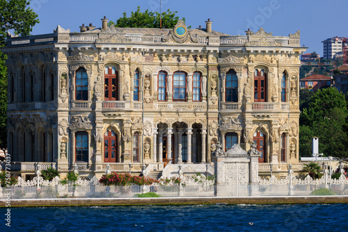 View from the water of the Bosphorus Strait to ancient palaces and buildings. Public place on the street of Istanbul, Türkiye.