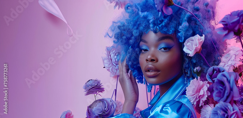 A woman with blue hair and a blue shirt is standing in a field of purple flowers. model with blue afro hair wearing a blue trench in a full body photoshoot like wild flower composition blue and purple