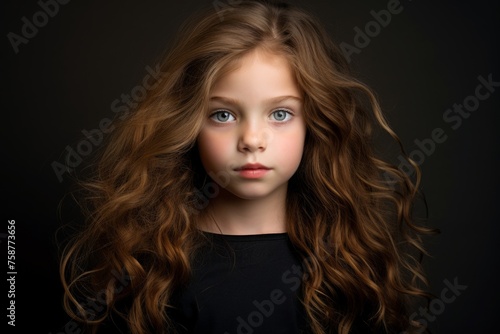 Portrait of a cute little girl with long curly hair. Studio shot.