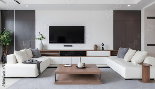  White-sofa-and-tv-unit-in-spacious-room--Luxury-home-interior-design-of-modern-living-room--panorama © SABBIR RAHMAN