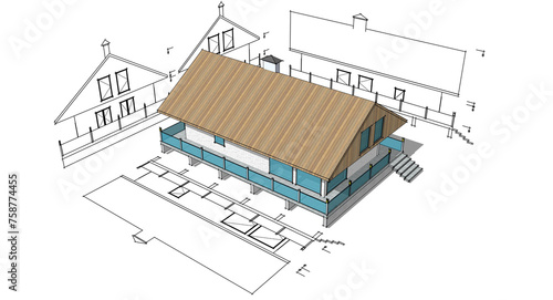 house plan sketch 3d illustration