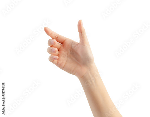 Hand holding or pointing to something on white background.
