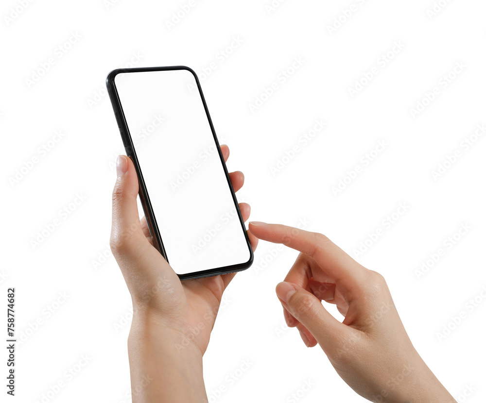 Hand holding the black smartphone with blank screen on white background. Hand holding the black smartphone with blank screen on white background.