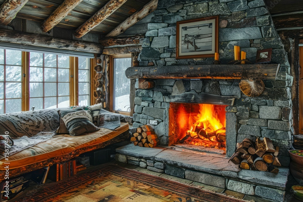 Cozy Rustic Cabin Interior with Stone Fireplace, Warm Fire, and Wooden Furniture by Snowy Window