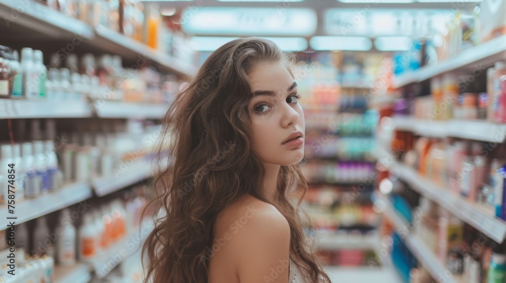 A woman is standing in a grocery store aisle, looking at the products on the shelves. She appears to be shopping for groceries and comparing different items.