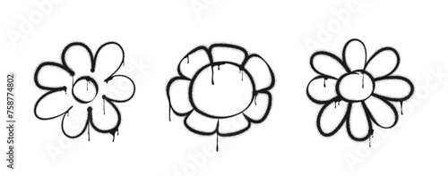 Flower graffiti drawing symbols set. Painted graffiti spray pattern of flowers. Spray paint elements. Street art style illustration. Vector illustration.