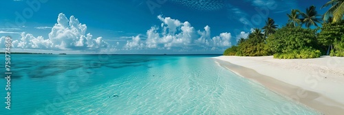 A pristine white sand beach with crystal-clear turquoise waters under a bright blue sky on the Maldives