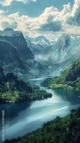 A beautiful mountain range with a river running through it. The water is calm and clear, reflecting the mountains in the distance. The scene is serene and peaceful, with the mountains
