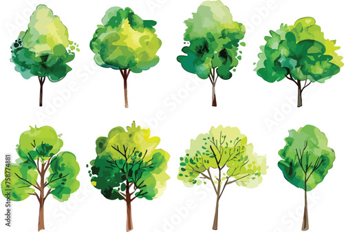 Set of watercolor green tree isolated on white background for landscape and architecture drawing, elements for environment and garden, botanical for section in spring