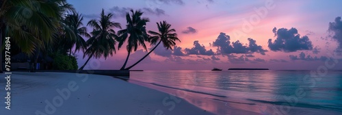 A tranquil Maldivian beach at dawn, with palm trees silhouetted against the pastel-colored sky