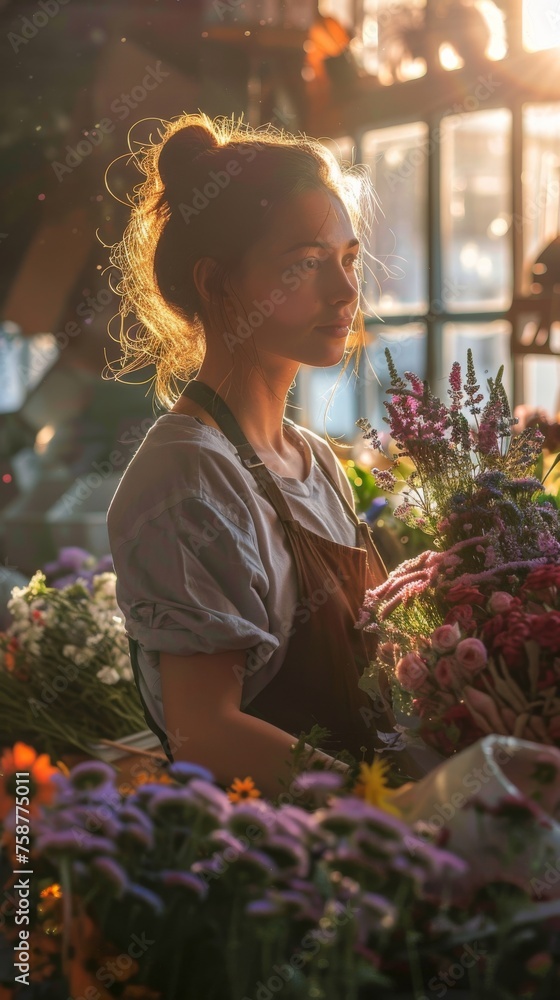 A woman is busy arranging colorful flowers in a flower shop. She is focused on her task, surrounded by various types of flowers and foliage. The shelves are filled with vases, pots, and floral accesso