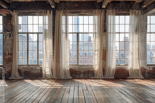 Spacious Loft Interior with Large Windows, Brick Walls, and Wooden Floor in Natural Sunlight