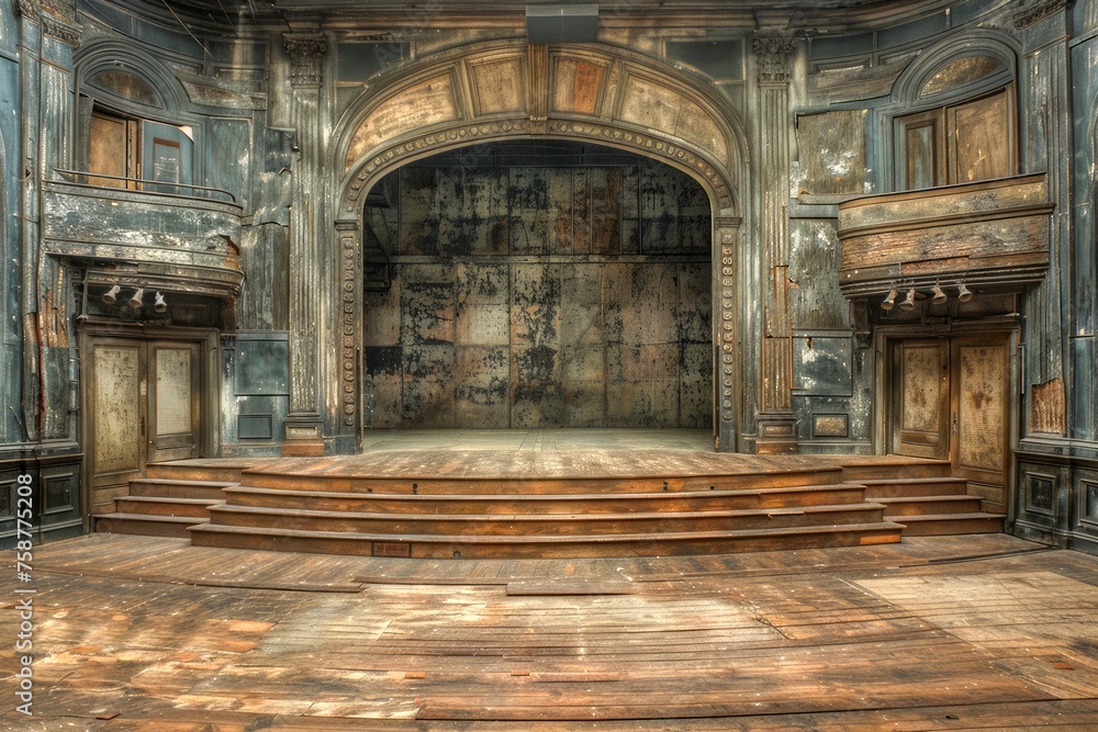 Vintage Theater Stage with Wooden Flooring and Grand Curtained Backdrop in Dim Atmospheric Lighting