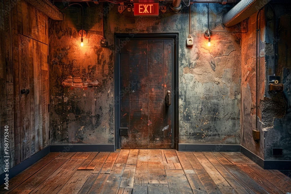 Mysterious Vintage Corridor with Grungy Walls and Wooden Floor Leading to Exit Sign - Atmospheric Urban Setting
