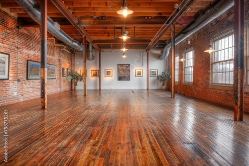 Spacious and Modern Art Gallery Interior with Exposed Brick Walls, Hardwood Floors, and Elegant Lighting
