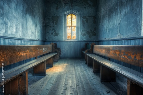 Vintage Empty Church Interior with Wooden Benches and Sunlight Streaming through Window