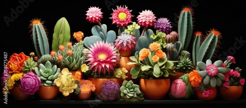Group of cacti in a pot, featuring colorful Gymnocalycium cactus. photo