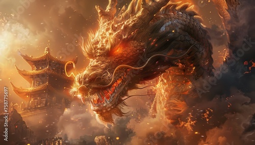 A Chinese dragon, surrounded by the golden light, with glowing eyes © Photo And Art Panda