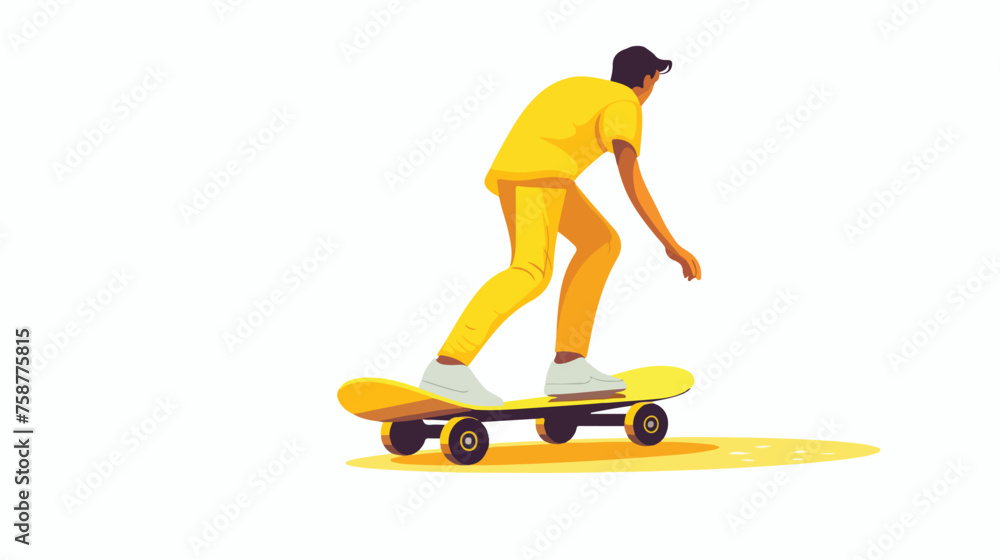 Bright yellow skateboard during a trick is standing