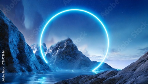 Neon Horizon  3D Render of Futuristic Landscape with Glowing Blue Ring and Rocky Mountain Silhouette 