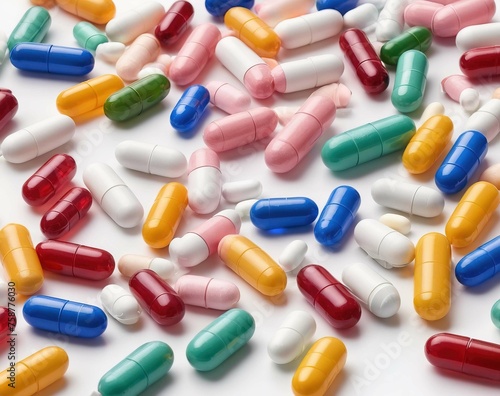 close-up of Variety of colorful medication capsules and tablets, copy space around, isolated on white background