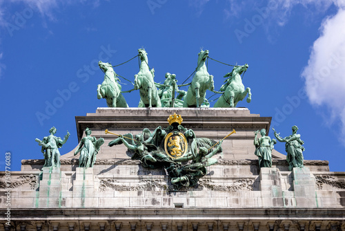 Statue of quadriga on the top of triumphal arch Cinquantenaire Arch, Brussels, Belgium photo