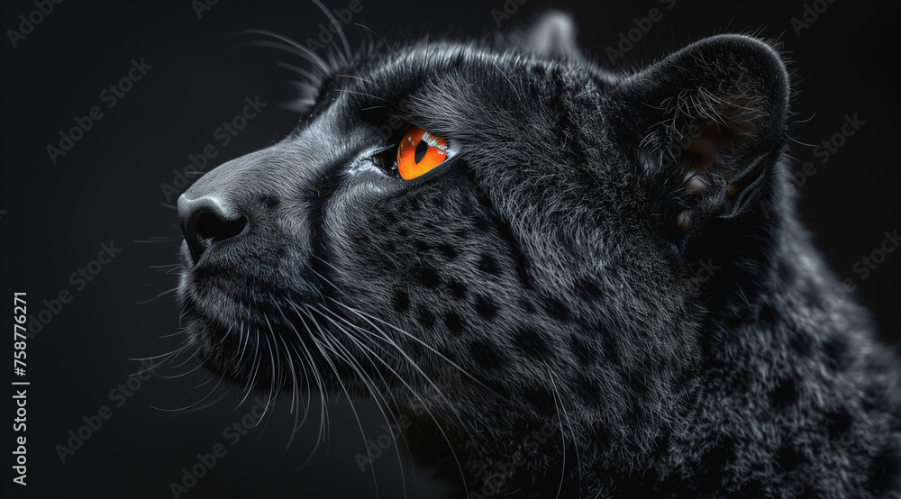 A majestic black cheetah with vibrant orange glowing spots and eyes prowls in the shadows