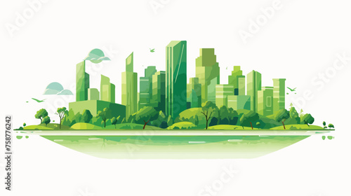 Business City on Island. Green Landscape  flat vector