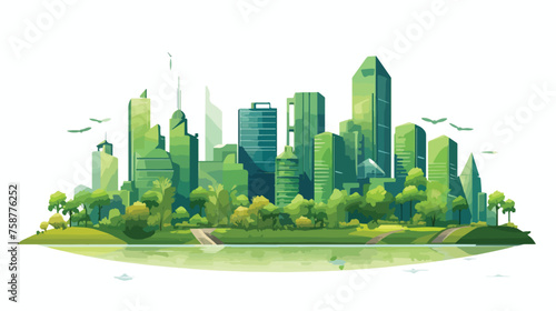 Business City on Island. Green Landscape flat vector