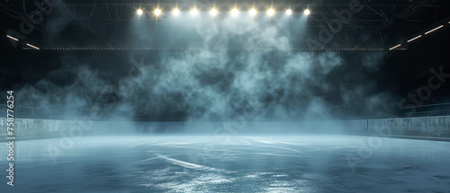 Blue Ice Rink Background. Professional Arena illuminated neon lights, spotlights with smoke. Copyspace. Winter poster for hockey competitions. Ice skating. Stadium. Generative ai photo