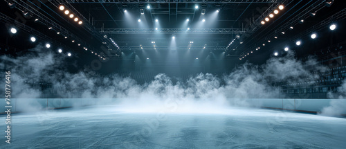 Blue Ice Rink Background. Professional Arena illuminated neon lights, spotlights with smoke. Copyspace. Winter poster for hockey competitions. Ice skating. Stadium. Generative ai